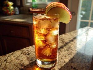 A refreshing Fall Long Island Iced Tea cocktail garnished with apple slices and a cinnamon stick.