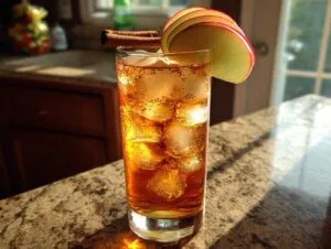 A refreshing Fall Long Island Iced Tea cocktail garnished with apple slices and a cinnamon stick.