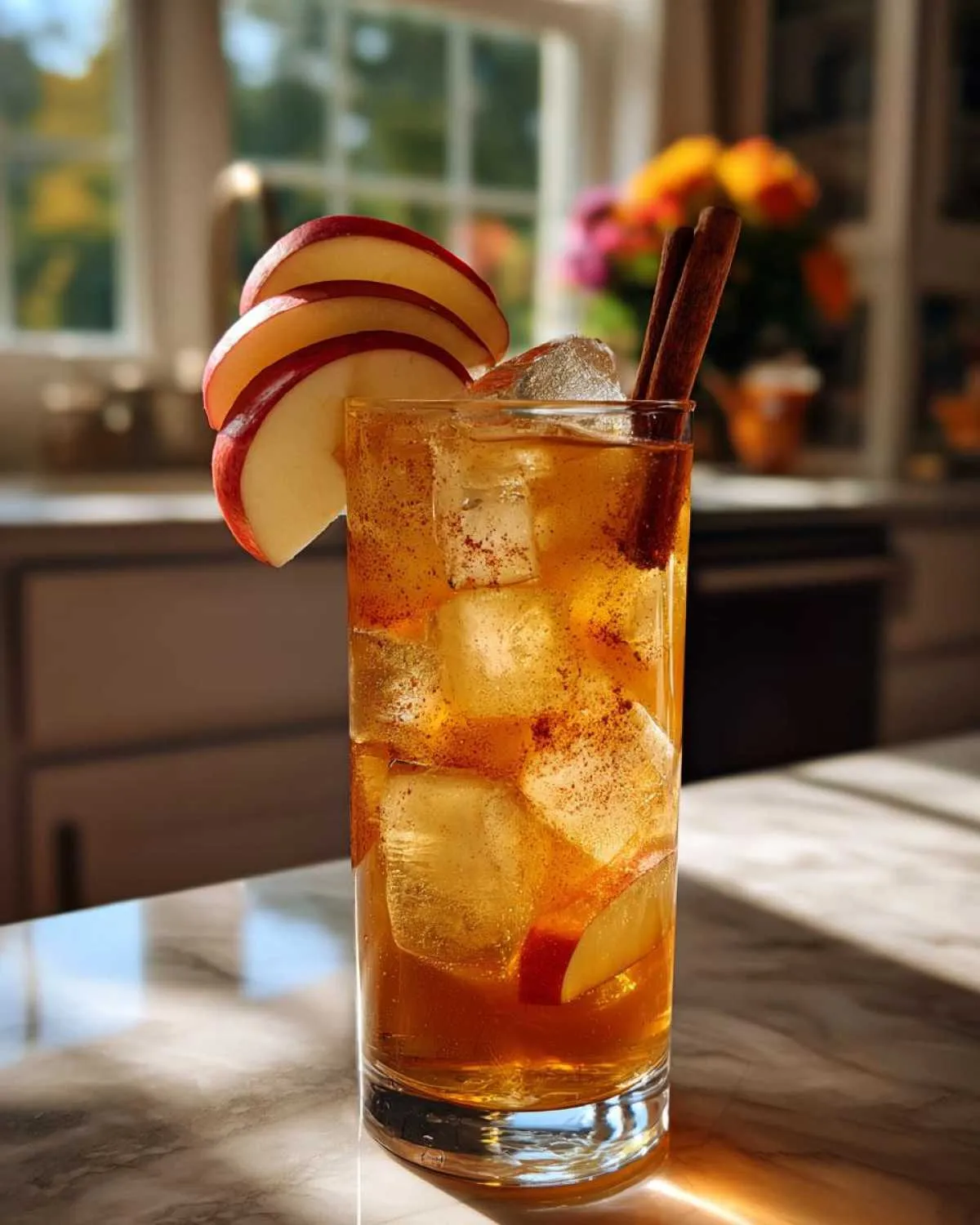 A tall glass of Fall Long Island Iced Tea, garnished with apple slices, cinnamon sticks, and ice.