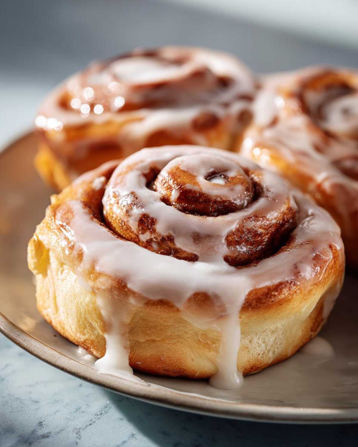 Close-up of fluffy cinnamon rolls topped with white glaze, ready for breakfast.