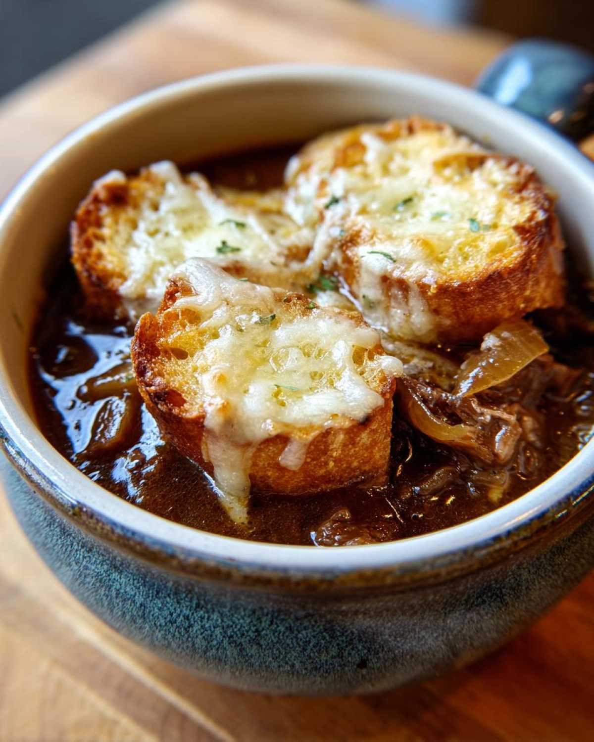 A close-up of a bowl of French onion beef stew topped with melted cheese and toasted bread.