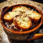 Close-up of a bowl of French onion beef stew topped with melted cheese and toasted bread.