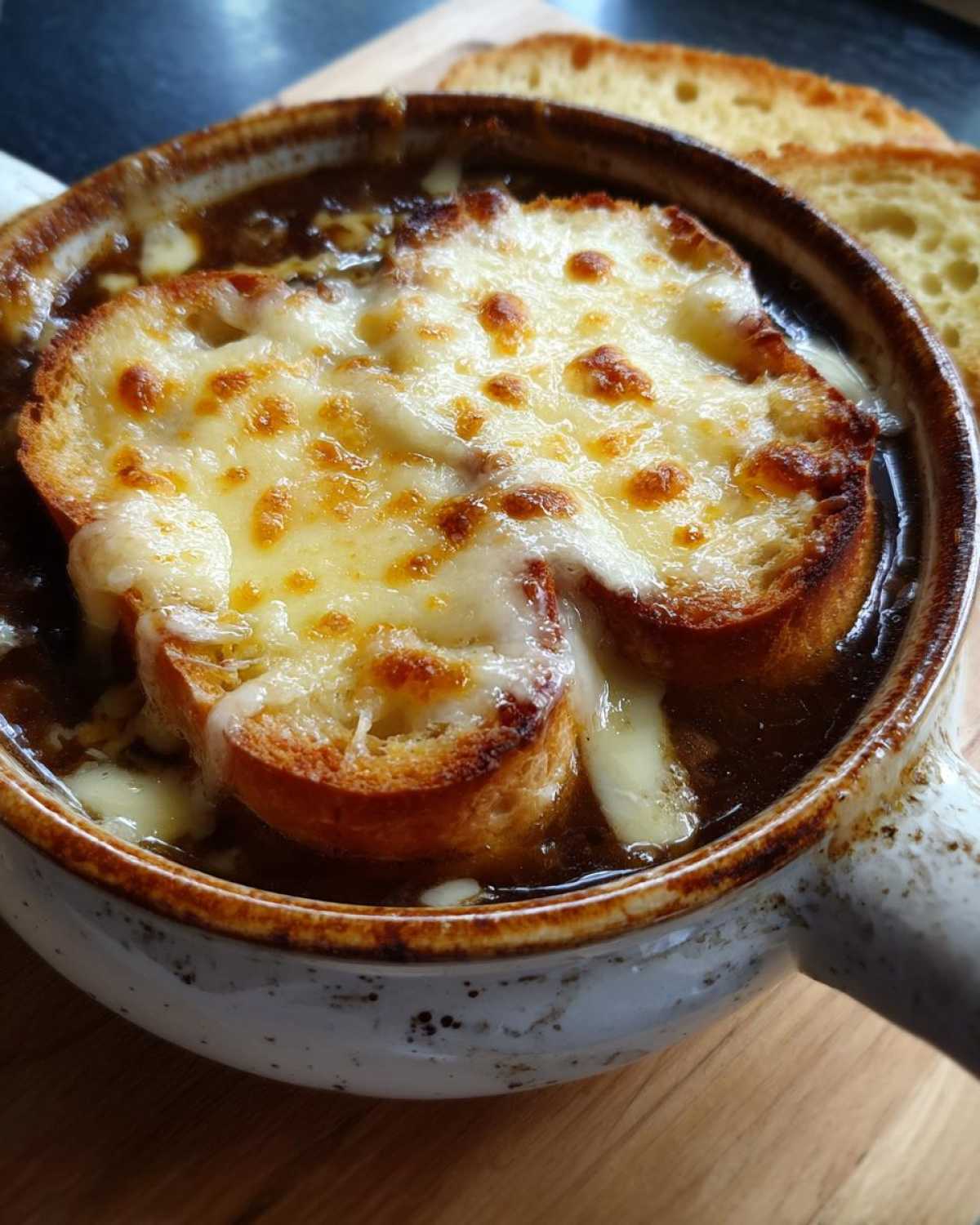A close-up of a bowl of French onion beef stew topped with melted, bubbly cheese and toasted bread.