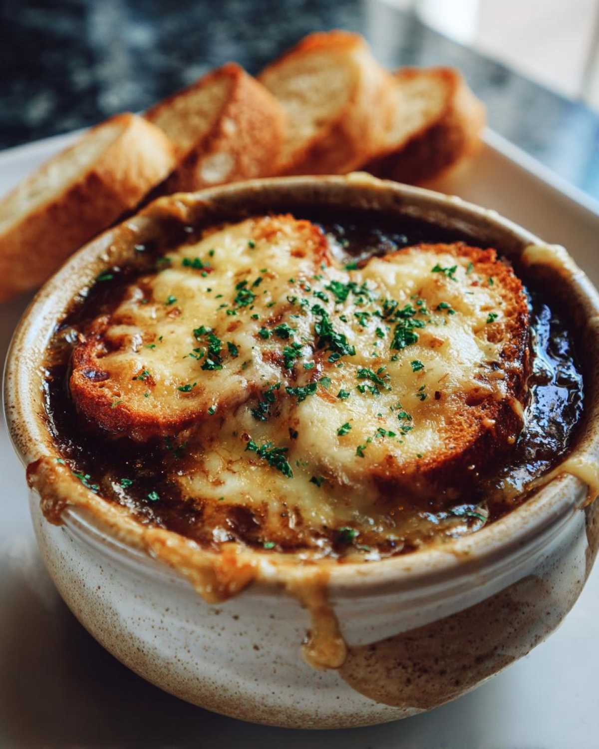 A close-up of a bowl of French onion beef stew topped with melted cheese and toasted bread, garnished with parsley.