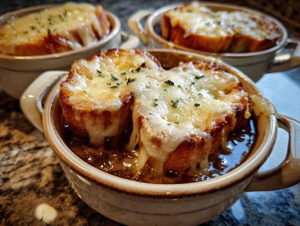 Close-up of French onion beef stew topped with melted cheese and bread, garnished with herbs.