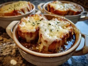 Close-up of French onion beef stew topped with melted cheese and bread, garnished with herbs.