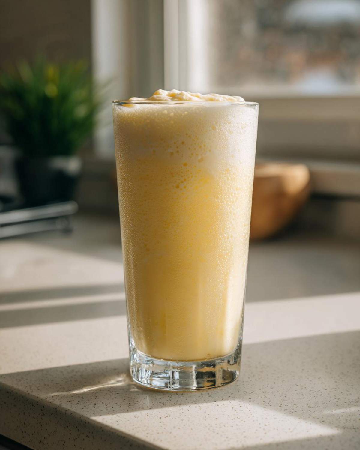 A tall glass filled with frothy, pale yellow Frozen Creamy Lemonade, topped with whipped cream.
