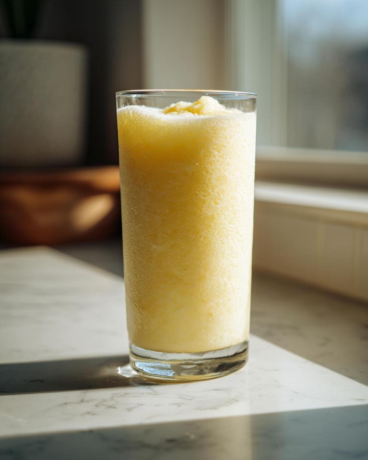 A tall glass filled with frothy, pale yellow Frozen Creamy Lemonade, glistening in the sunlight.