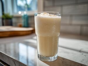 A tall glass filled with frothy Frozen Creamy Lemonade, perfect for a summer treat.