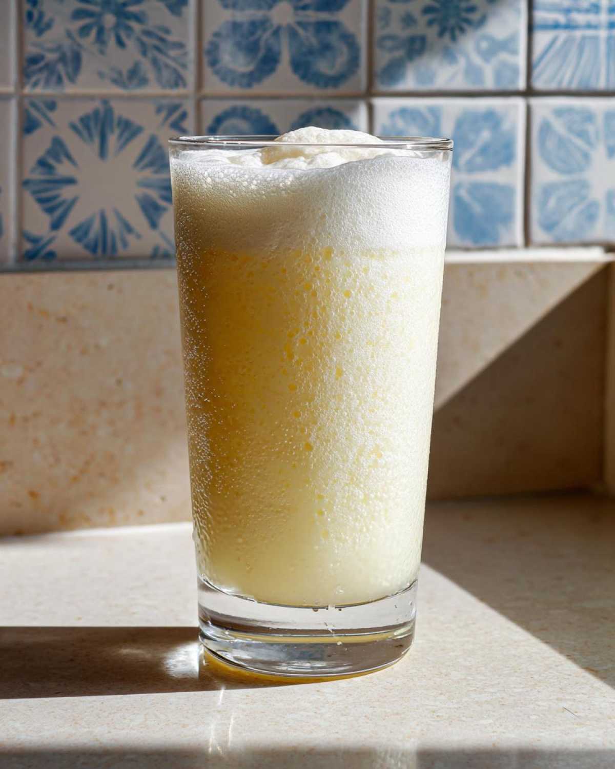 A tall glass filled with frothy Frozen Creamy Lemonade, topped with foam, on a speckled countertop.