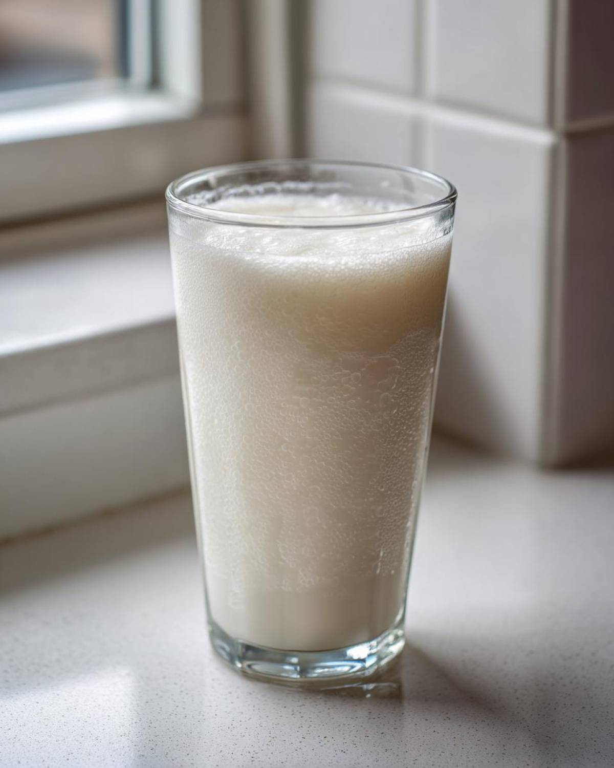 A tall glass filled with frothy Frozen Creamy Lemonade, showing tiny bubbles and a creamy texture.