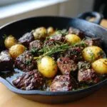 Close-up of garlic butter beef bites with potatoes and rosemary in a cast-iron skillet.