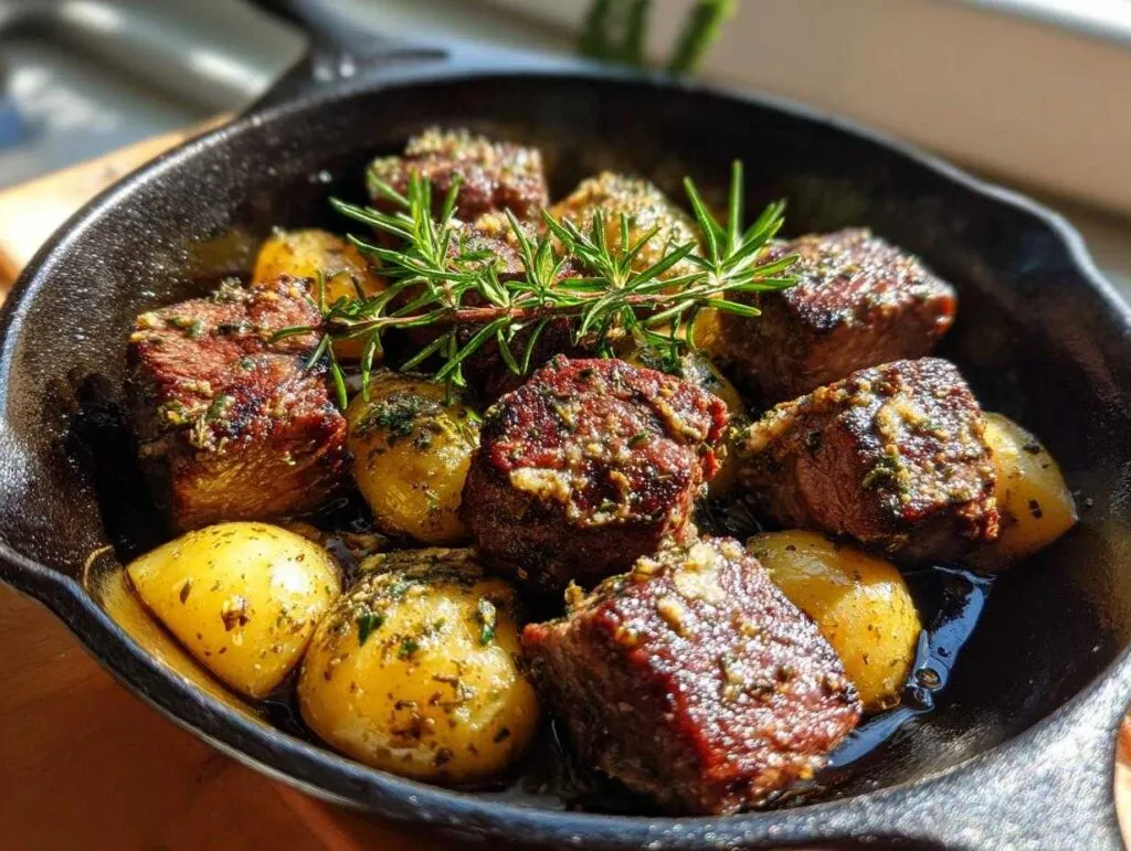 Close-up of juicy garlic butter beef bites with crispy potatoes in a cast-iron skillet, garnished with rosemary.