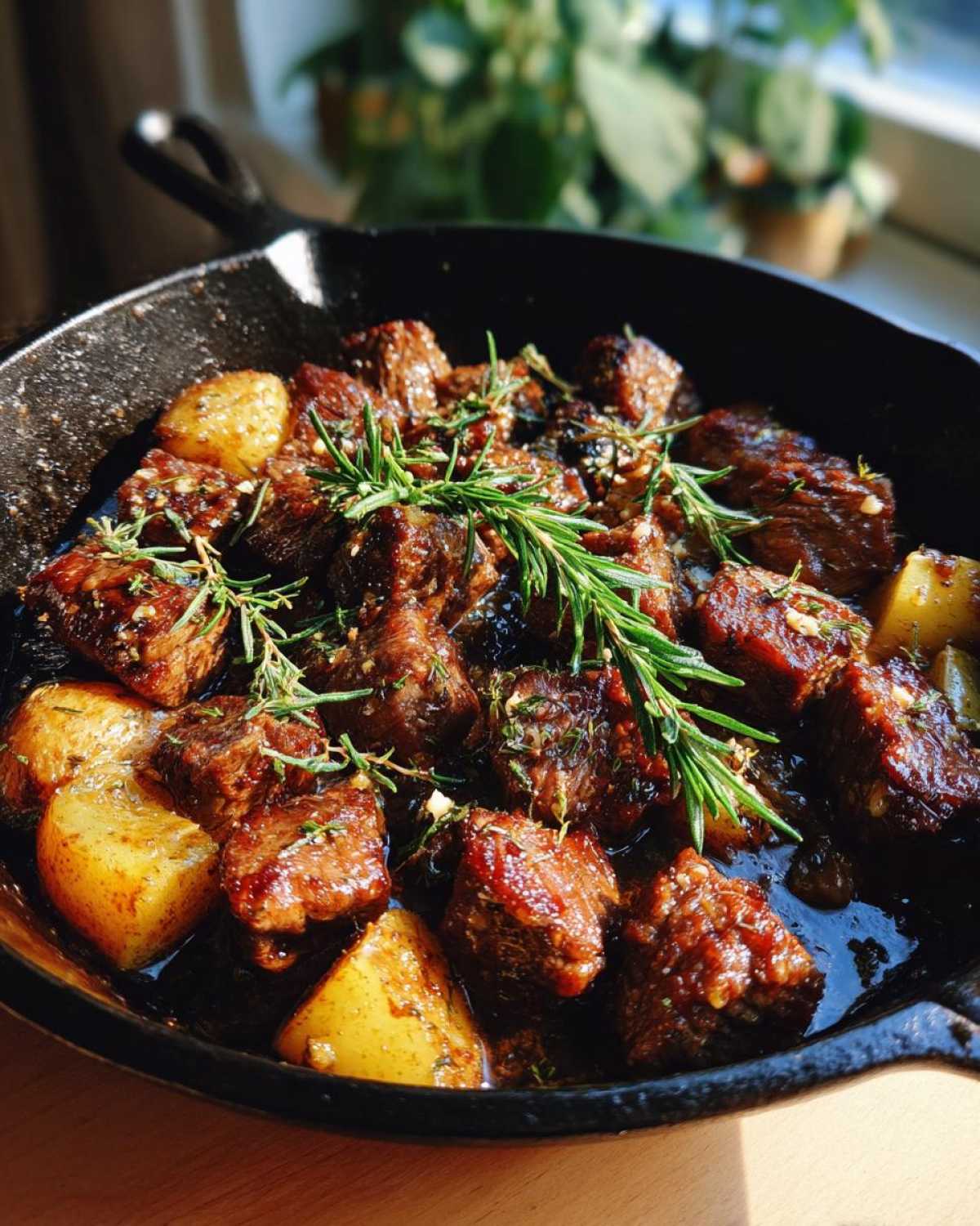 Close-up of Garlic Butter Beef Bites with Potatoes in a cast iron skillet, garnished with rosemary.