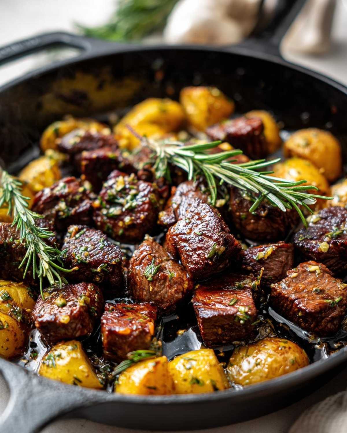 Close-up of Garlic Butter Beef Bites with Potatoes sizzling in a cast-iron skillet, garnished with rosemary.
