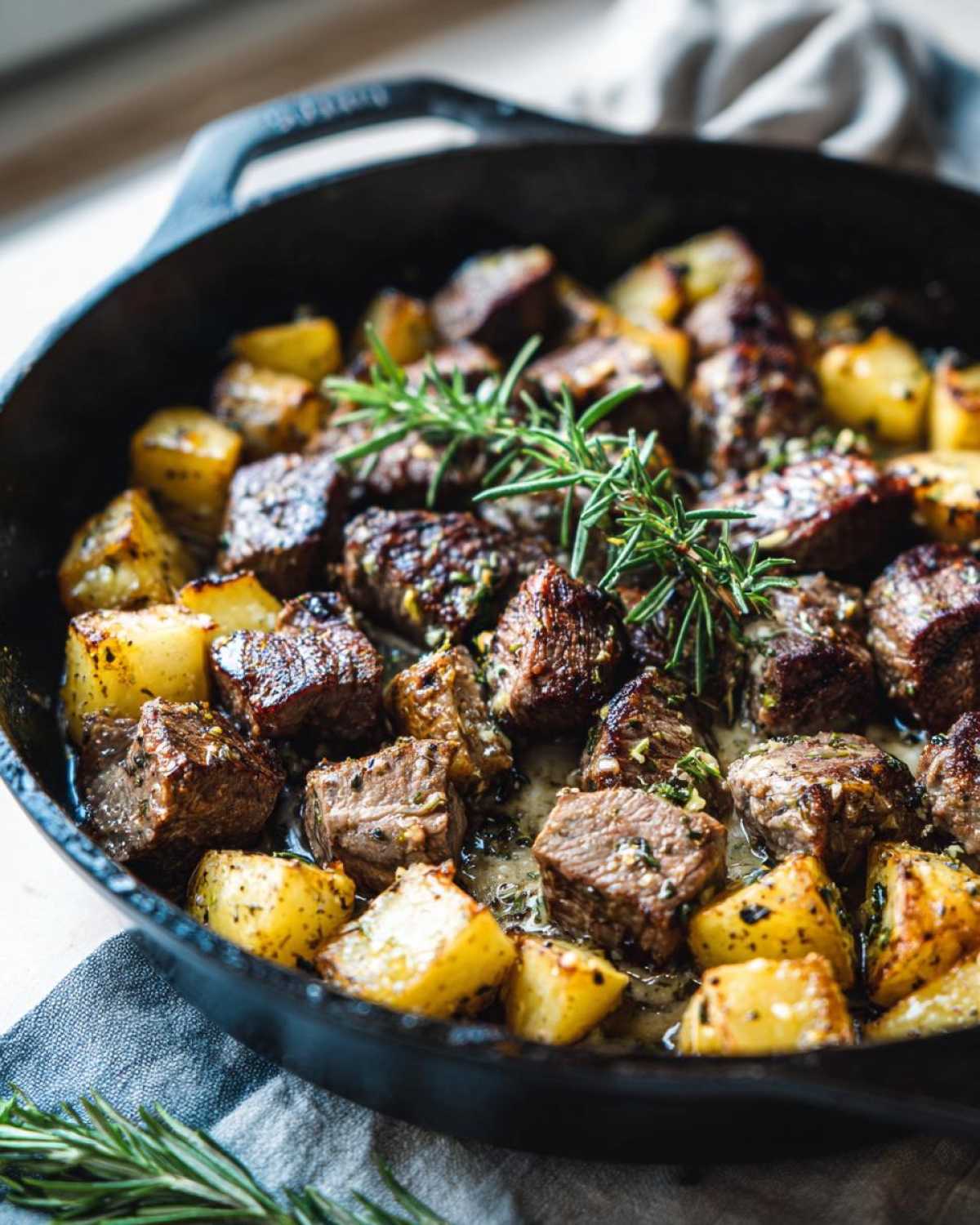Close-up of garlic butter beef bites with crispy potatoes in a cast iron skillet, garnished with rosemary.
