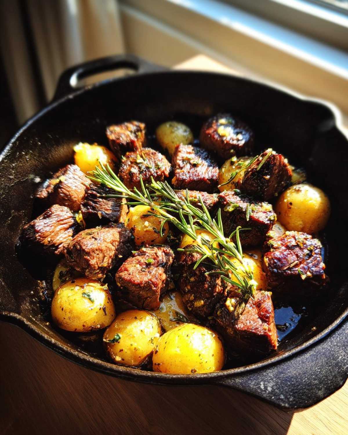 Garlic butter beef bites with potatoes, garnished with rosemary, served in a cast iron skillet.