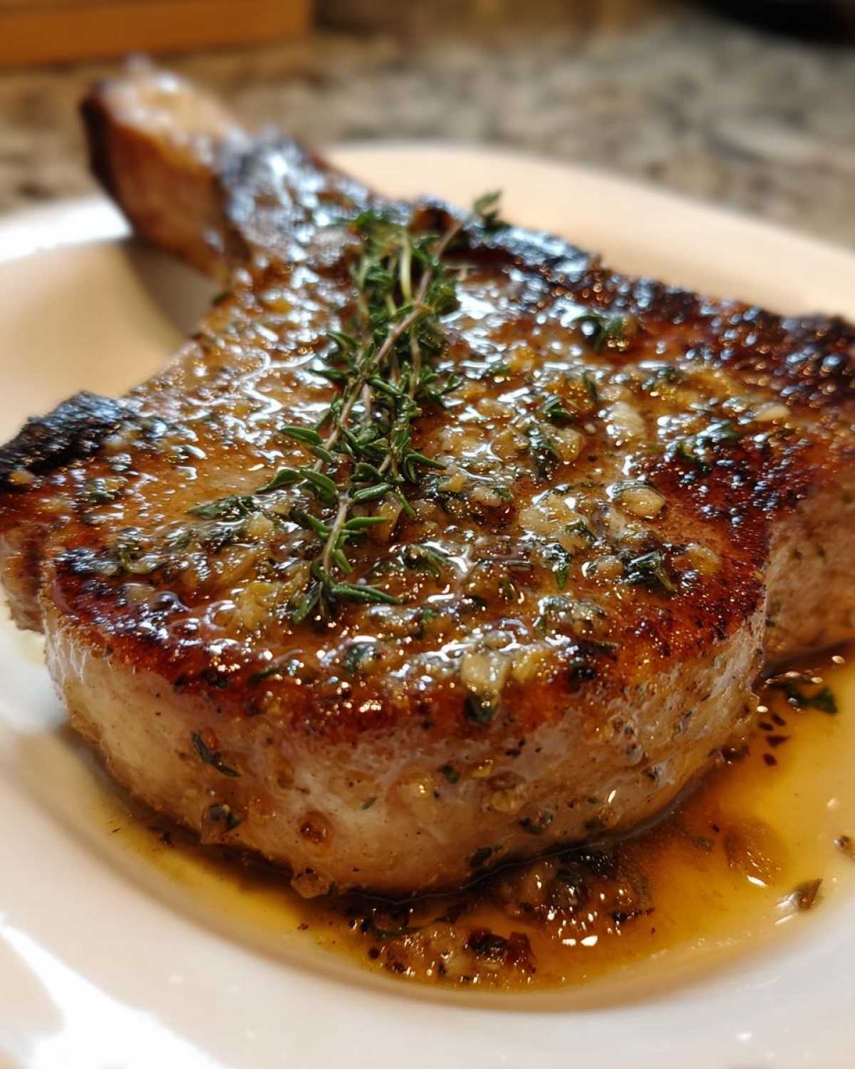 Close-up of a perfectly cooked garlic butter pork chop, glistening with sauce and topped with fresh thyme.