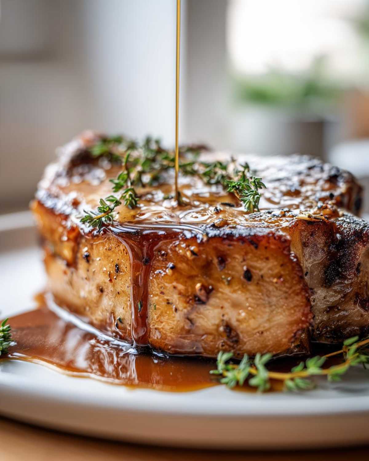 Close-up of a juicy garlic butter pork chop being drizzled with sauce and garnished with fresh thyme.