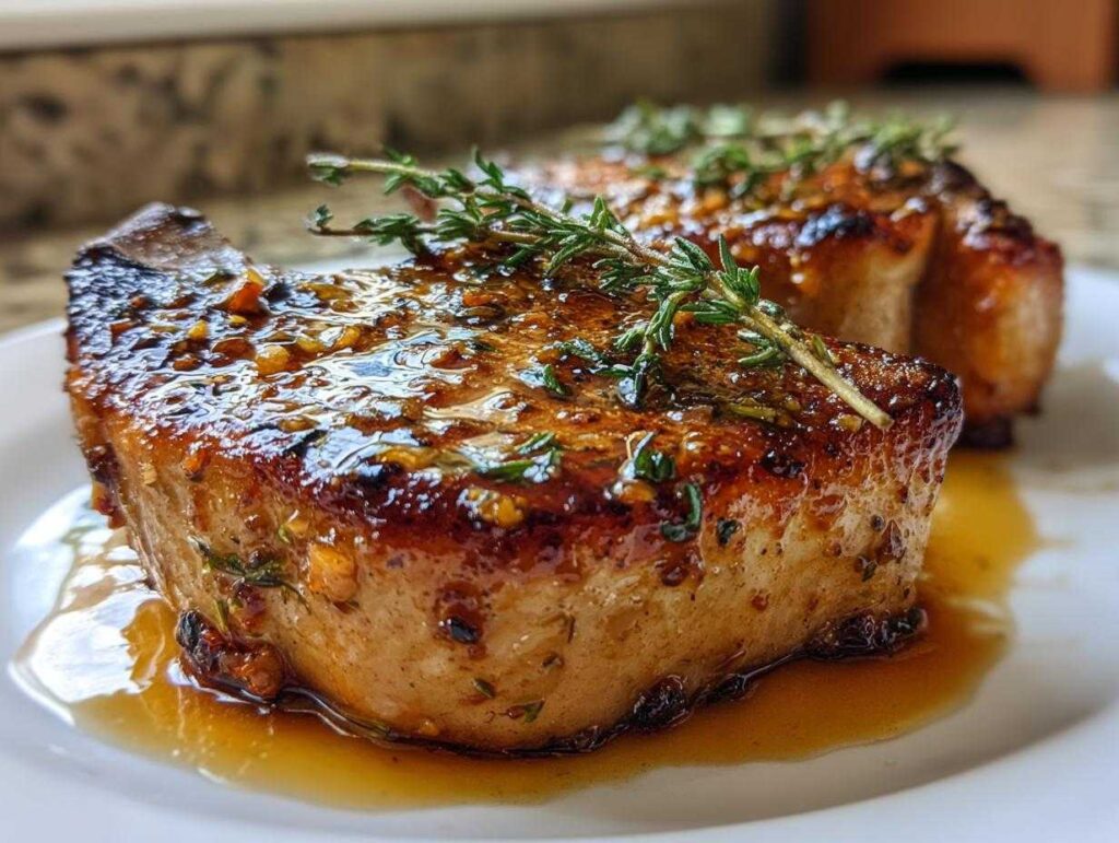 Close-up of two juicy garlic butter pork chops glistening with sauce and garnished with fresh thyme.