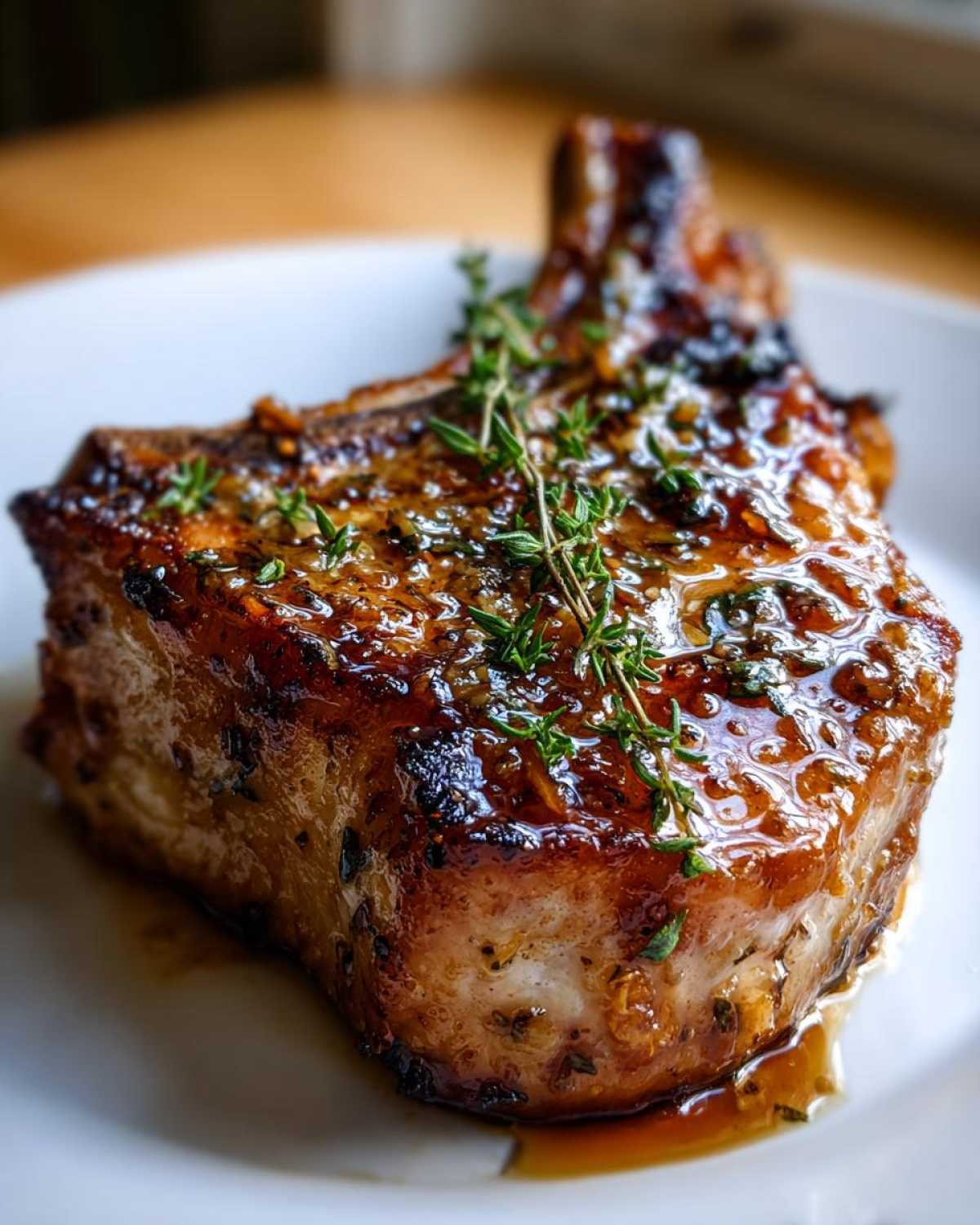 A close-up of a perfectly cooked garlic butter pork chop, glistening with sauce and topped with fresh thyme.