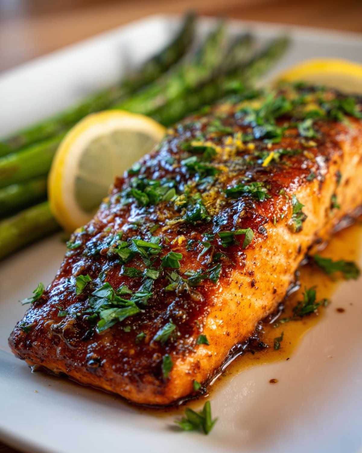 A close-up of a perfectly cooked garlic butter salmon fillet served with roasted asparagus and lemon slices.