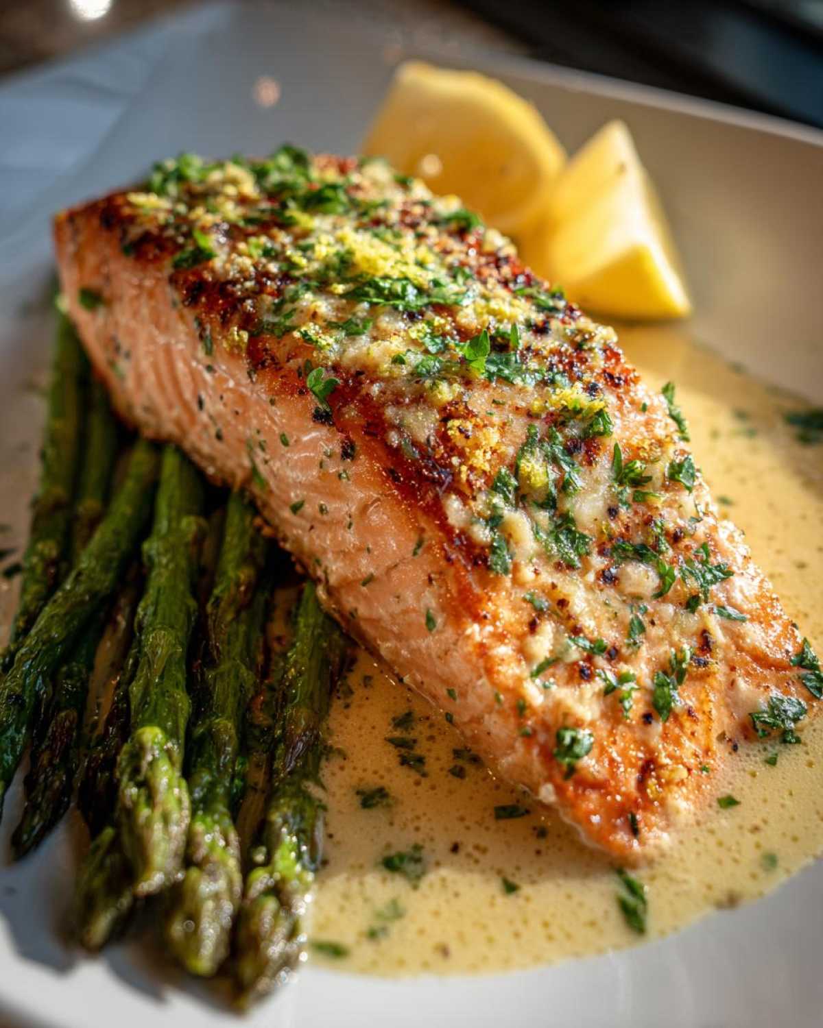 A perfectly cooked fillet of garlic butter salmon served with roasted asparagus and lemon wedges.