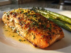 A perfectly cooked fillet of garlic butter salmon, glistening with sauce and topped with herbs and lemon zest, served with asparagus.