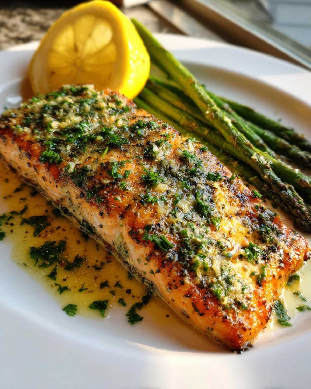 A perfectly cooked garlic butter salmon fillet served with asparagus and a lemon wedge.