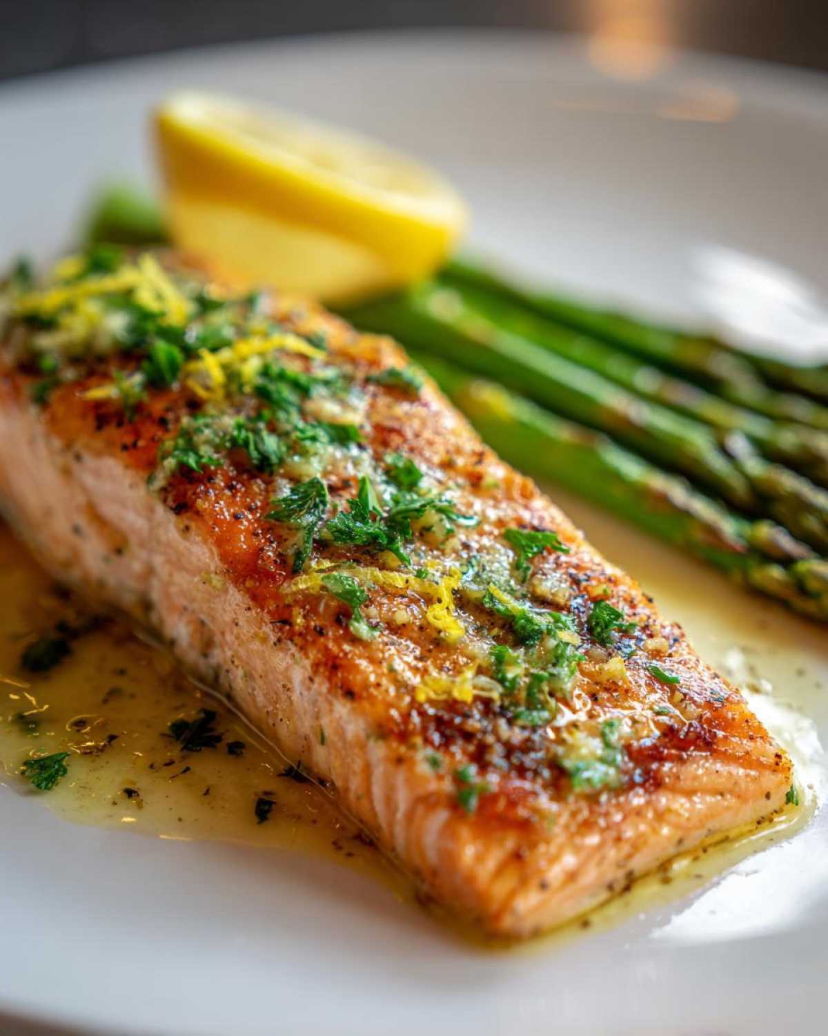 A perfectly cooked fillet of garlic butter salmon served with asparagus and a lemon wedge.