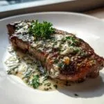 A perfectly cooked garlic butter steak, glistening with sauce and topped with fresh parsley.
