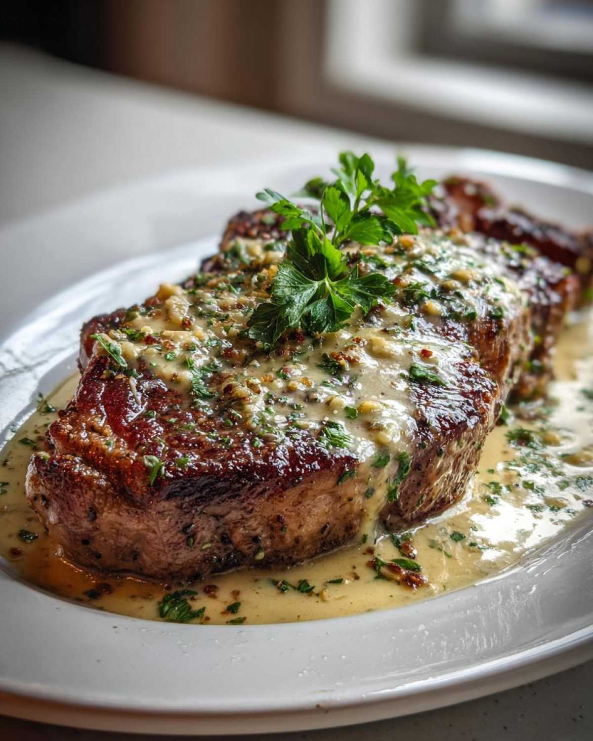 A close-up of a perfectly cooked garlic butter steak, generously topped with creamy garlic butter sauce and fresh parsley.