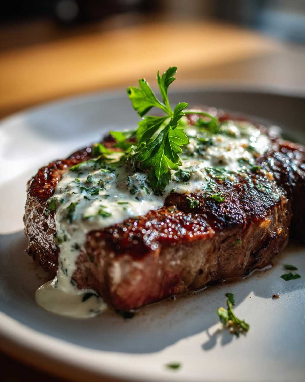 A close-up of a perfectly cooked garlic butter steak, topped with creamy garlic butter sauce and fresh parsley.