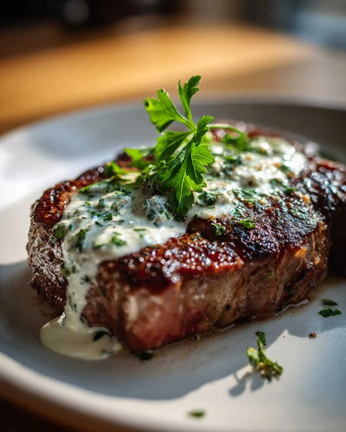A close-up of a perfectly cooked garlic butter steak, topped with creamy garlic butter sauce and fresh parsley.