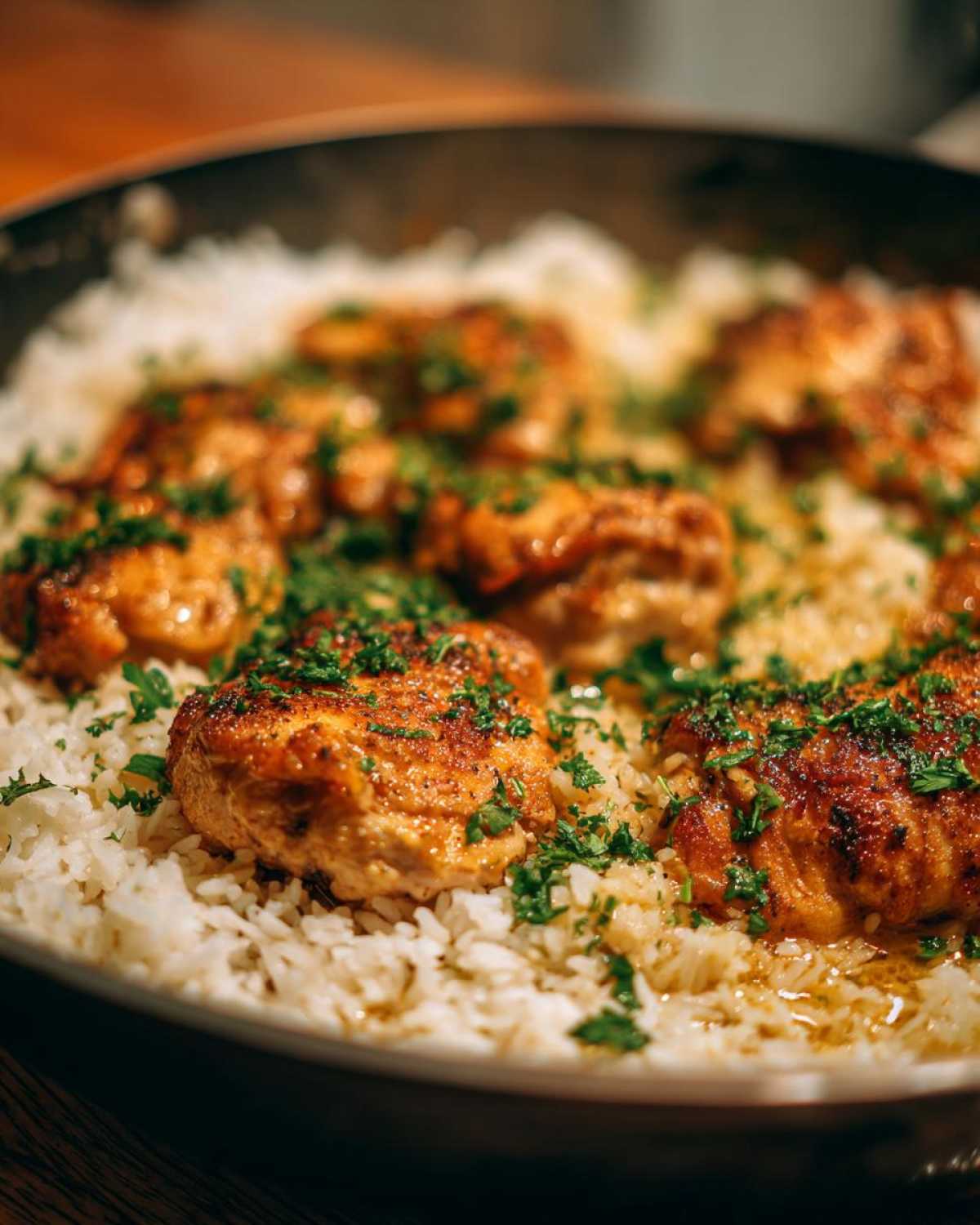 Close-up of juicy garlic chicken pieces nestled in fluffy white rice, garnished with fresh parsley.