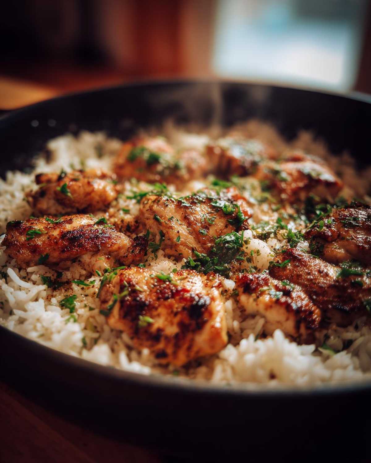 Close-up of juicy garlic chicken pieces nestled on a bed of fluffy white rice, garnished with fresh parsley.