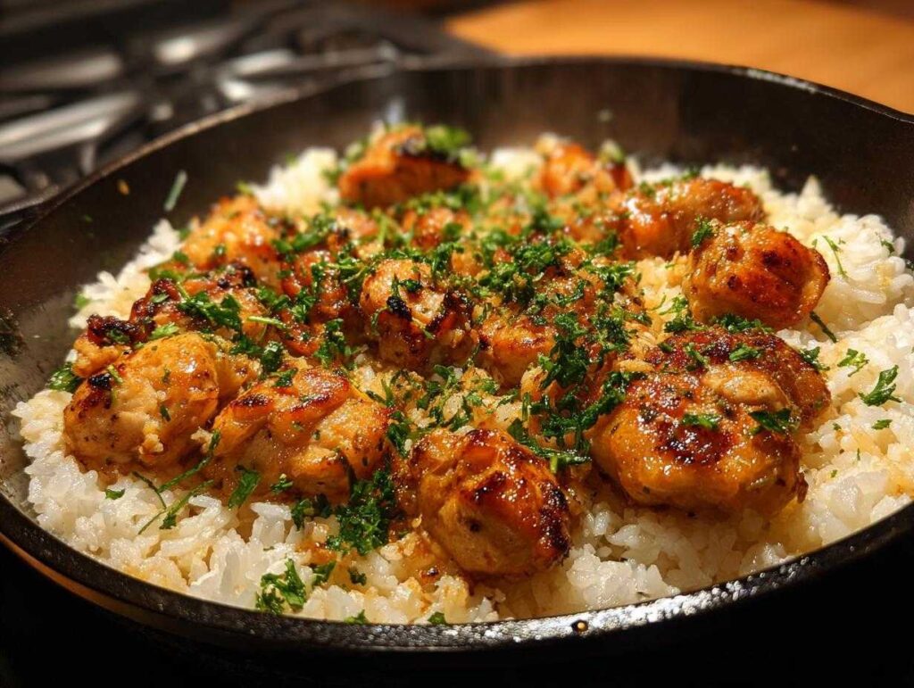 Close-up of juicy garlic chicken pieces nestled on a bed of fluffy white rice, garnished with fresh parsley in a cast-iron skillet.