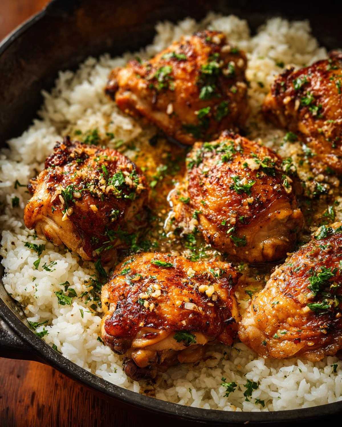 A close-up of juicy garlic chicken thighs nestled in fluffy white rice in a cast-iron skillet, garnished with fresh parsley.