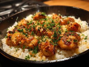 Close-up of juicy garlic chicken pieces nestled on a bed of fluffy white rice, garnished with fresh parsley in a cast-iron skillet.