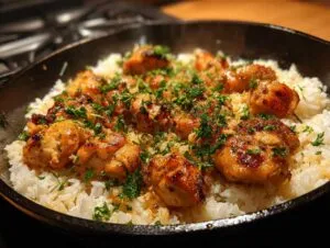 Close-up of juicy garlic chicken pieces nestled on a bed of fluffy white rice, garnished with fresh parsley in a cast-iron skillet.
