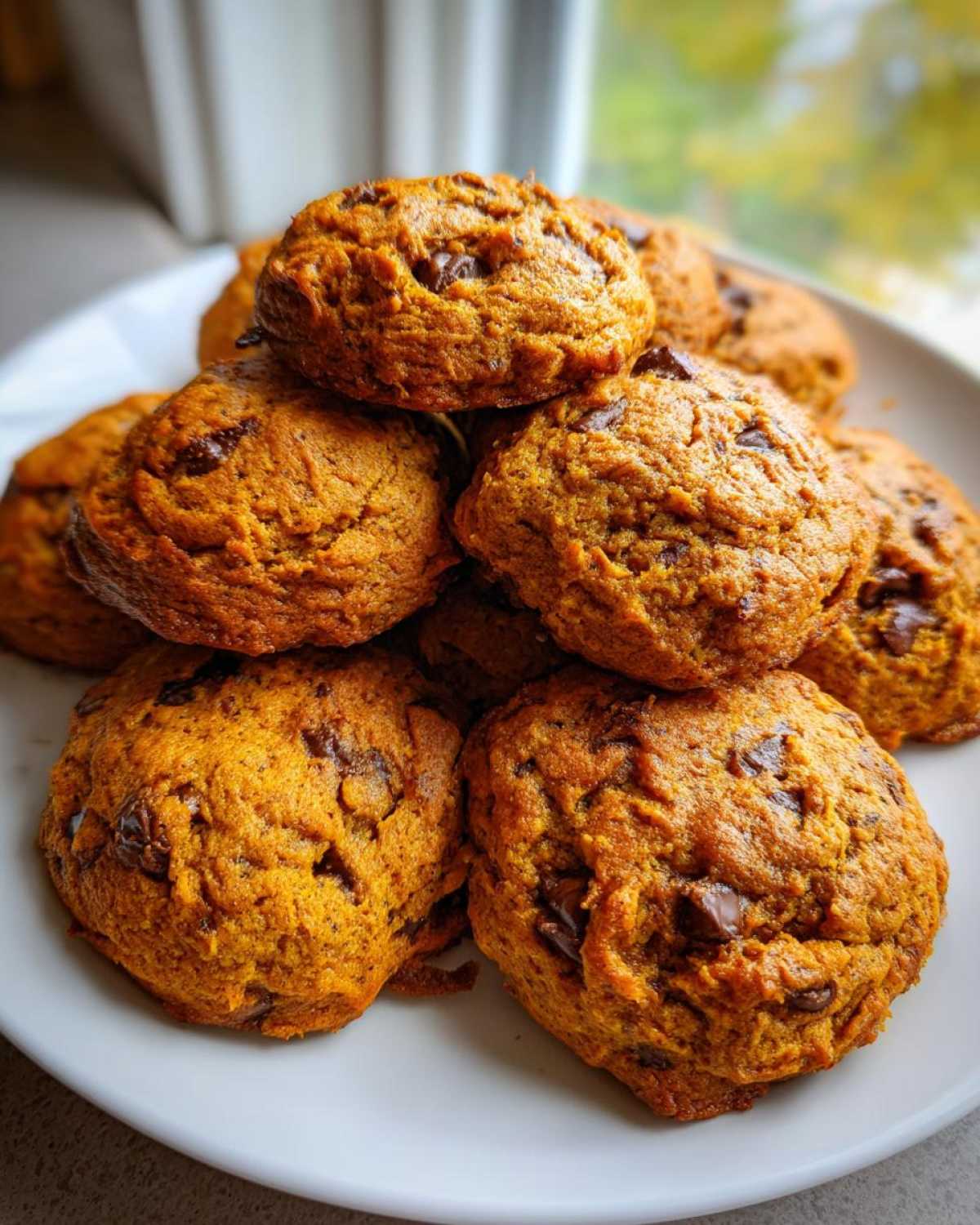 A pile of soft and chewy gluten-free pumpkin cookies studded with chocolate chips on a white plate.
