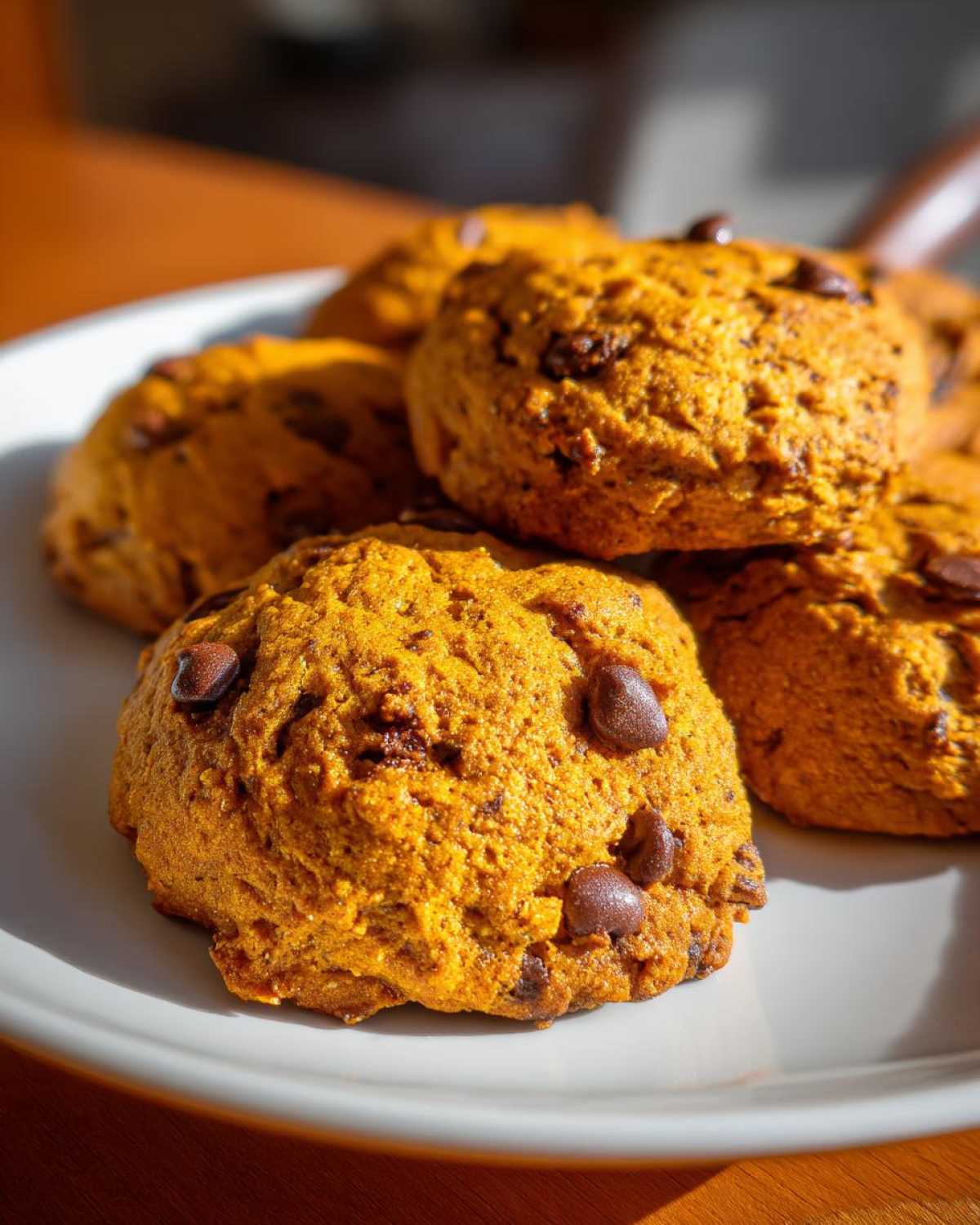 A close-up of soft, chewy gluten-free pumpkin cookies studded with chocolate chips on a white plate.