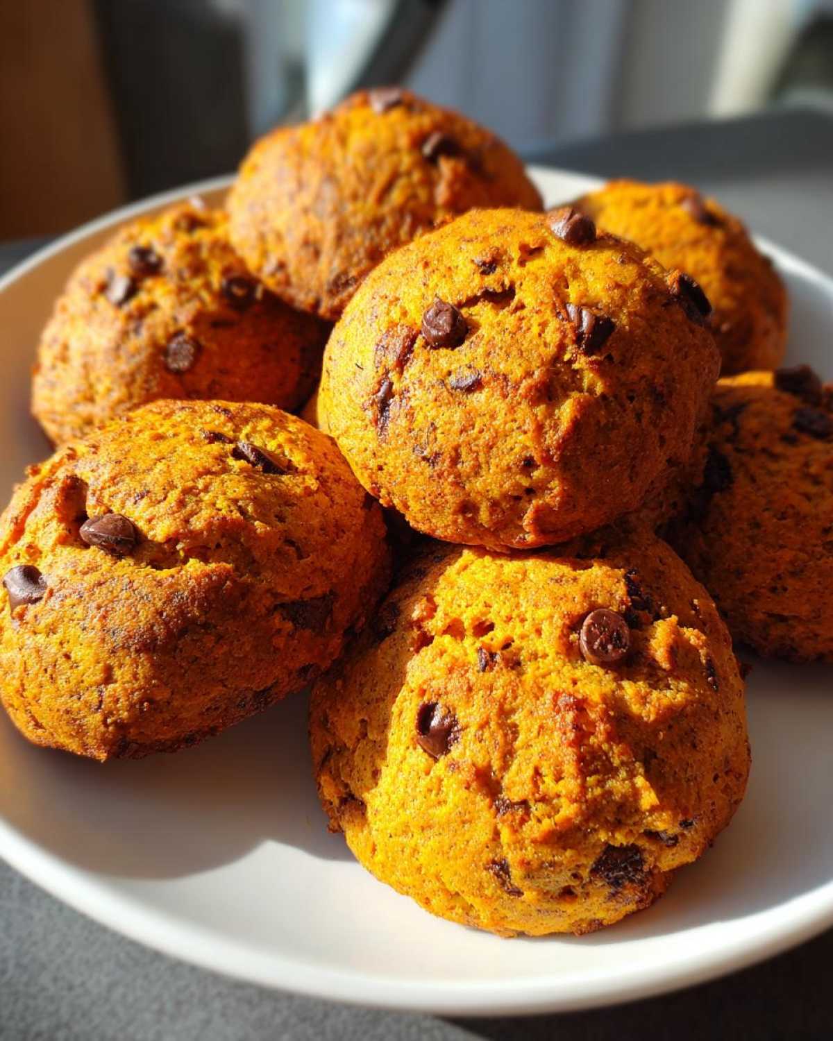 A pile of soft and chewy gluten-free pumpkin cookies studded with chocolate chips on a white plate.