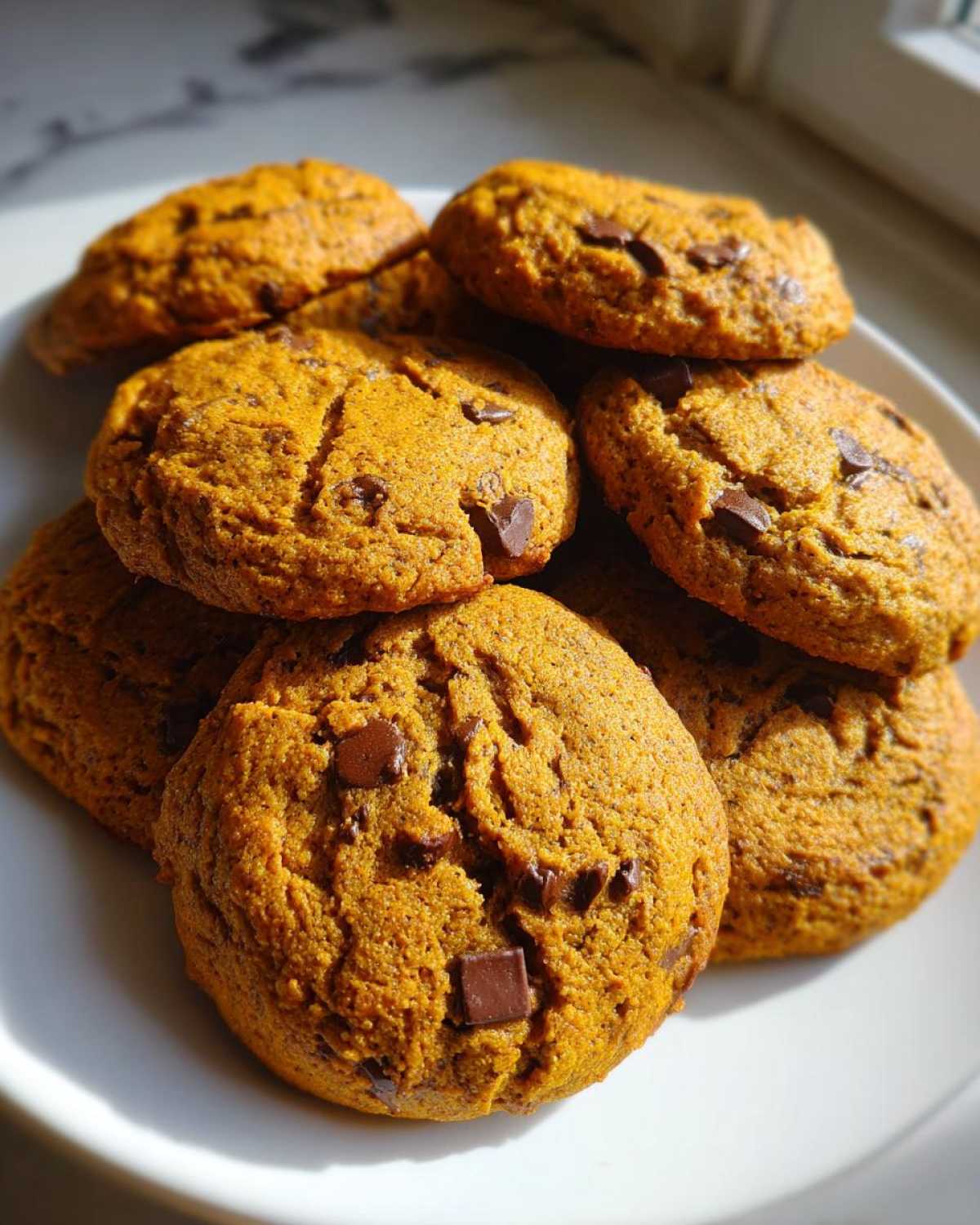 A stack of soft and chewy gluten-free pumpkin cookies loaded with chocolate chips on a white plate.