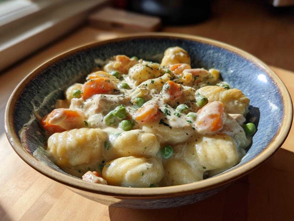 A close-up of a hearty bowl of Gnocchi Chicken Pot Pie, featuring tender gnocchi, chicken, carrots, and peas in a creamy sauce.