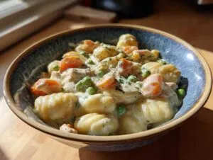 A close-up of a hearty bowl of Gnocchi Chicken Pot Pie, featuring tender gnocchi, chicken, carrots, and peas in a creamy sauce.