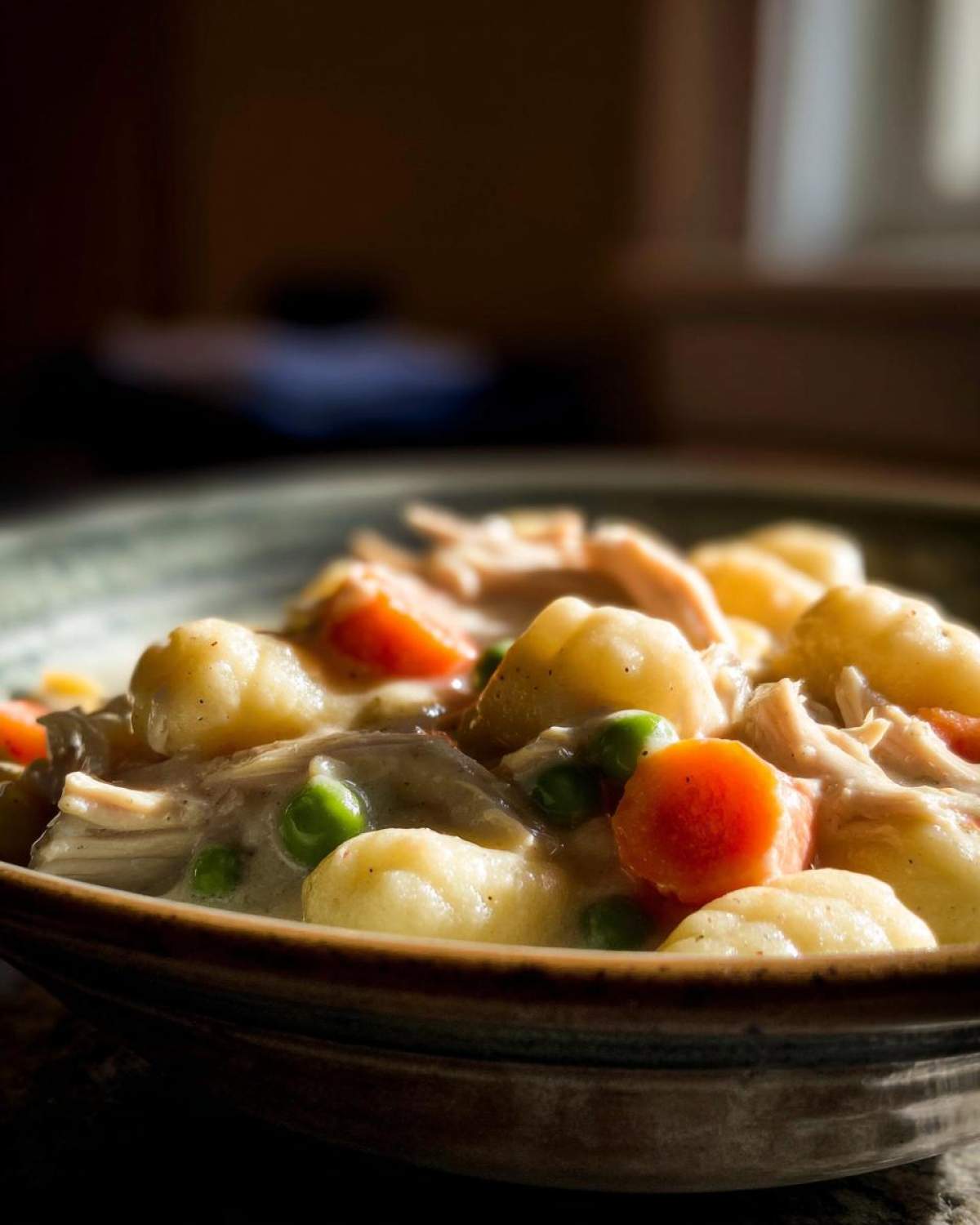 A close-up of a bowl filled with Gnocchi Chicken Pot Pie, featuring tender chicken, soft gnocchi, peas, and carrots in a creamy sauce.