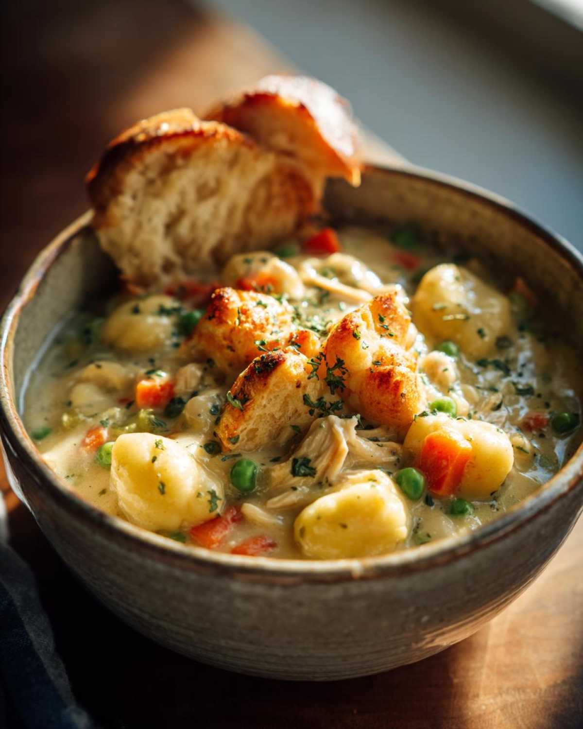 A close-up of a bowl of Gnocchi Chicken Pot Pie, featuring tender gnocchi, chicken, peas, carrots, and toasted bread croutons.