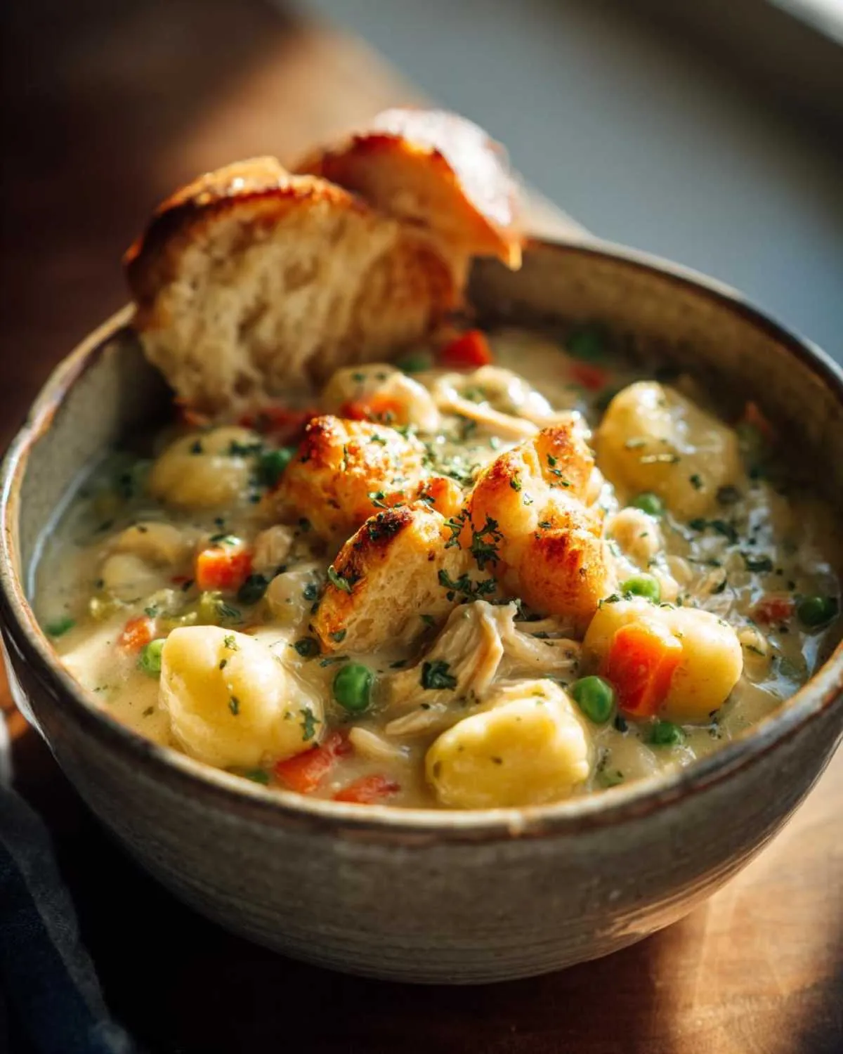 A close-up of a bowl of Gnocchi Chicken Pot Pie, featuring tender gnocchi, chicken, peas, carrots, and toasted bread croutons.