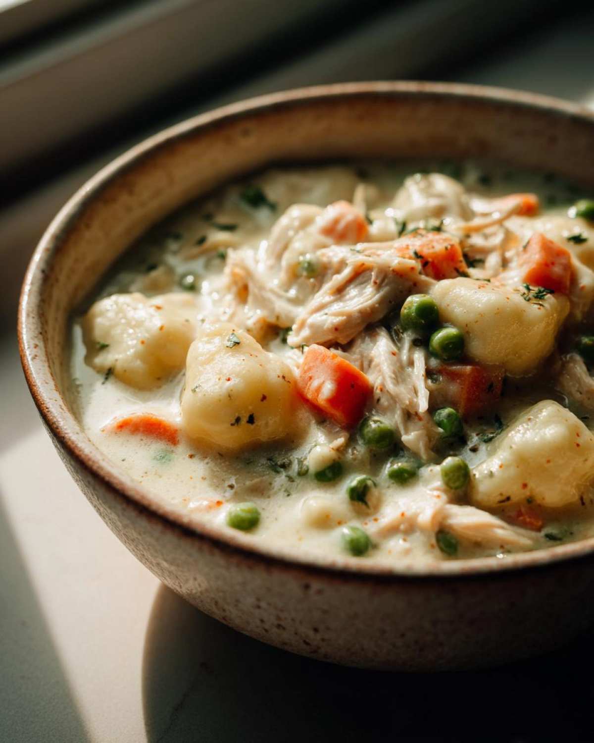 A close-up of a hearty bowl of Gnocchi Chicken Pot Pie, filled with shredded chicken, peas, carrots, and gnocchi in a creamy sauce.